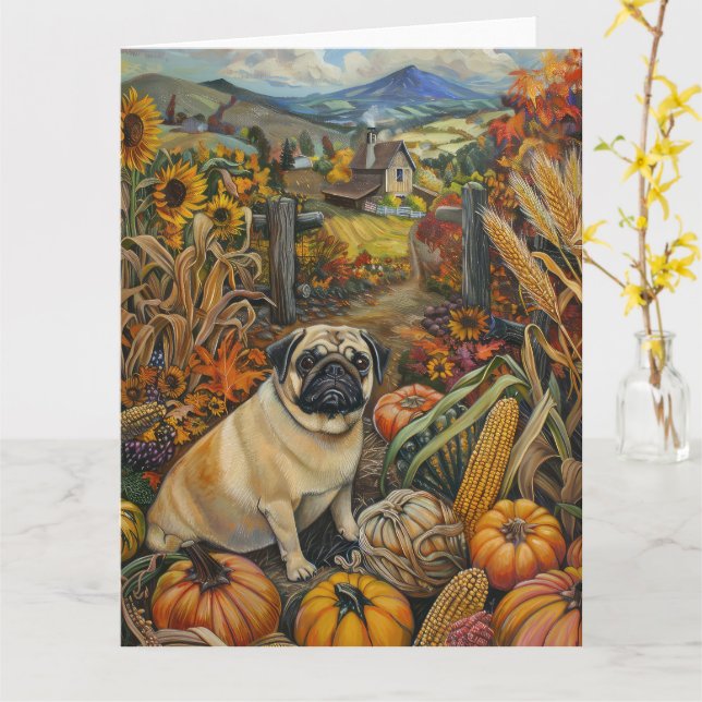 Mops Hund Herbst Ernte Erntedank Karte (Gelbe Blume)