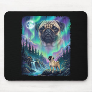 Mops-Hund heult Nordlichter Aurora Mond Wald Mousepad