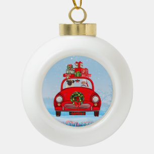 Mops-Hund im Auto mit dem Weihnachtsmann Keramik Kugel-Ornament