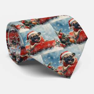 Mops-Hund im Schlitten Lass es schneien Weihnachte Krawatte