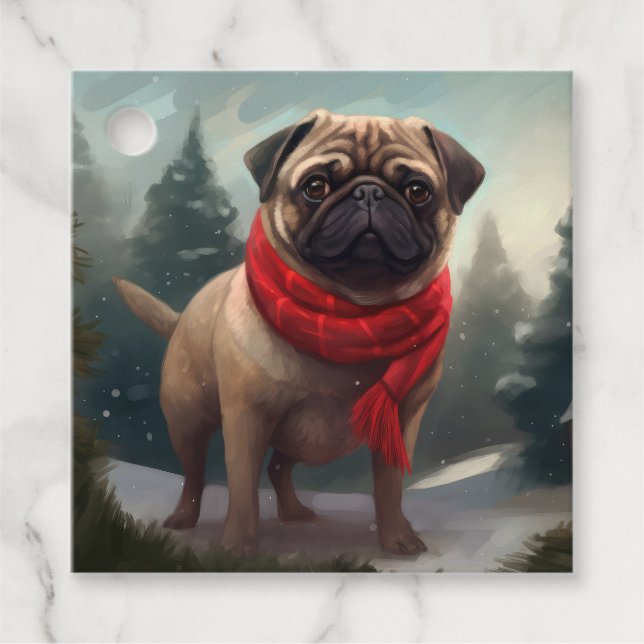 Mops Hund im Schnee Weihnachten Geschenkanhänger (Vorderseite)