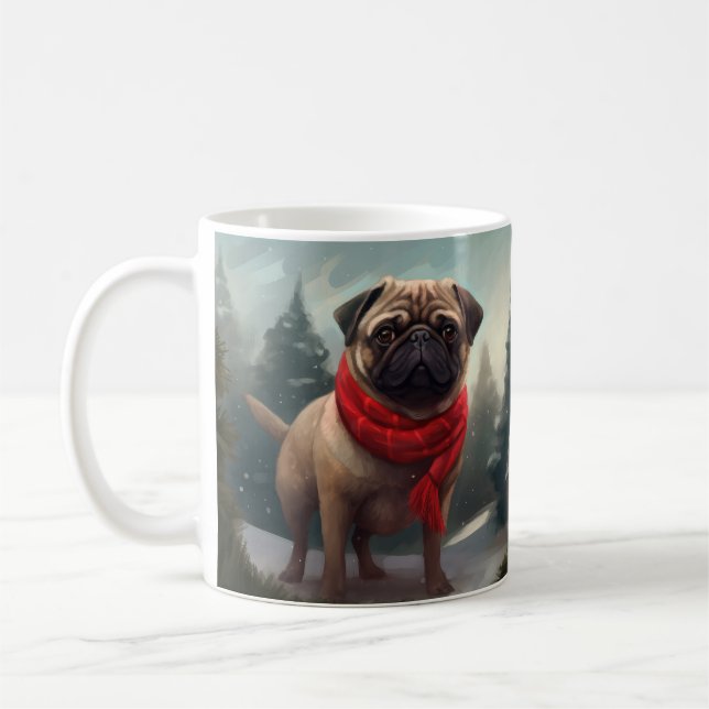 Mops Hund im Schnee Weihnachten Kaffeetasse (Links)