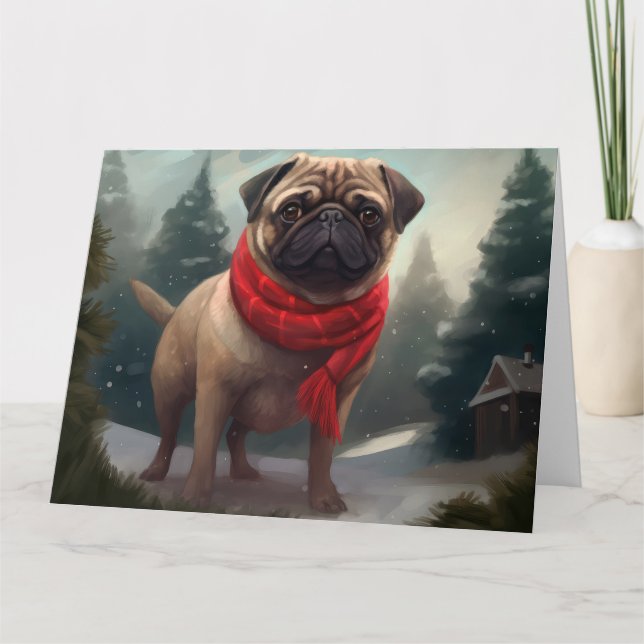 Mops Hund im Schnee Weihnachten Karte (Vorderseite)
