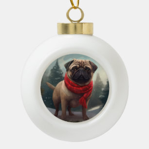 Mops Hund im Schnee Weihnachten Keramik Kugel-Ornament