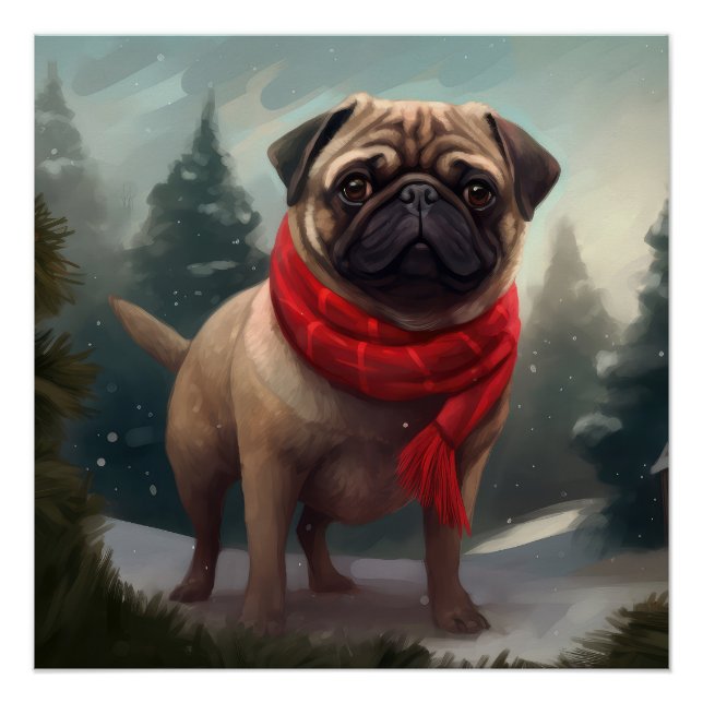 Mops Hund im Schnee Weihnachten Poster (Vorderseite)