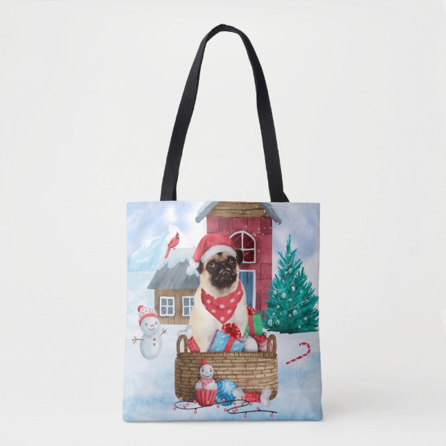 Mops Hund im Schnee Weihnachtshundehaus (Vorderseite)