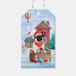 Mops Hund im Schnee Weihnachtshundehaus Geschenkanhänger