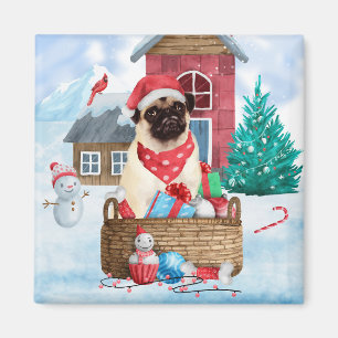 Mops Hund im Schnee Weihnachtshundehaus Magnet