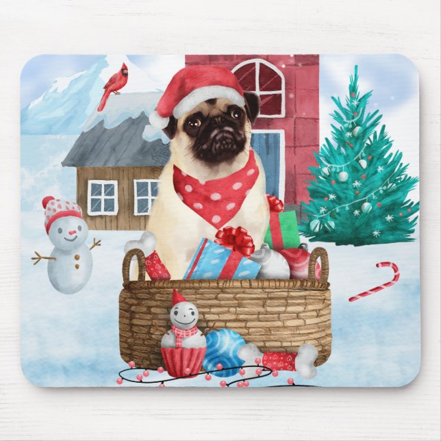 Mops Hund im Schnee Weihnachtshundehaus Mousepad (Vorne)