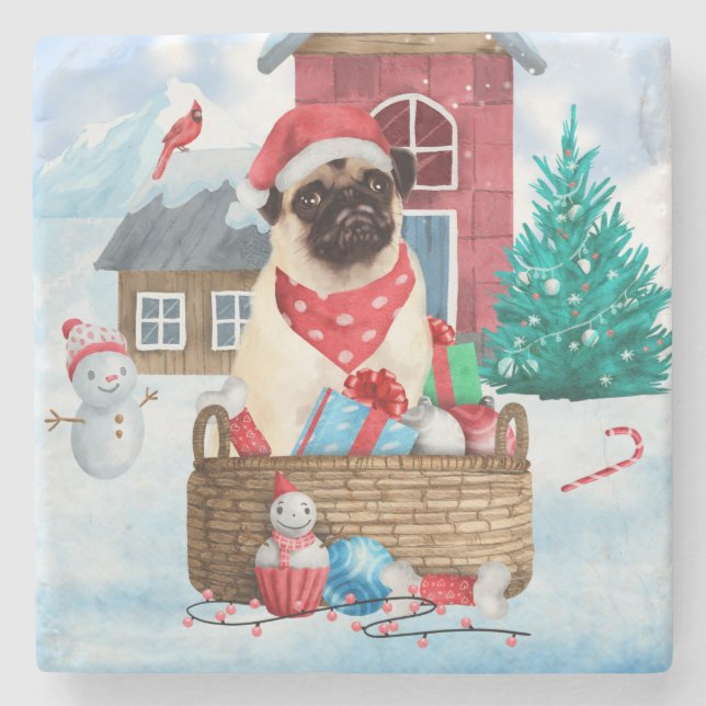 Mops Hund im Schnee Weihnachtshundehaus Steinuntersetzer (Vorderseite)