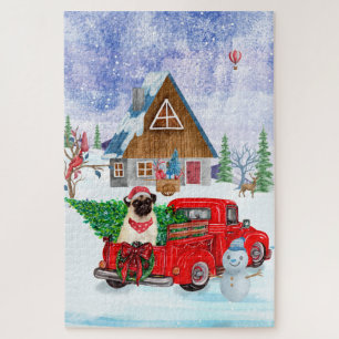 Mops-Hund im Weihnachtslieferwagen Schnee Puzzle