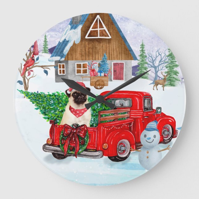 Mops Hund in der Weihnachtslieferung LKW Schnee Große Wanduhr (Vorderseite)