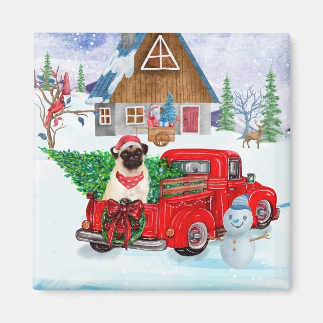 Mops Hund in der Weihnachtslieferung LKW Schnee Magnet (Vorne)