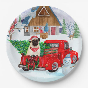 Mops Hund in der Weihnachtslieferung LKW Schnee Pappteller