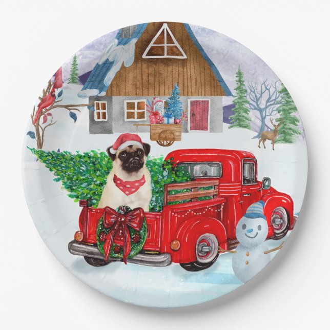 Mops Hund in der Weihnachtslieferung LKW Schnee Pappteller (Vorderseite)