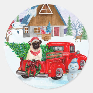 Mops Hund in der Weihnachtslieferung LKW Schnee Runder Aufkleber