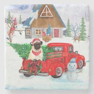 Mops Hund in der Weihnachtslieferung LKW Schnee Steinuntersetzer