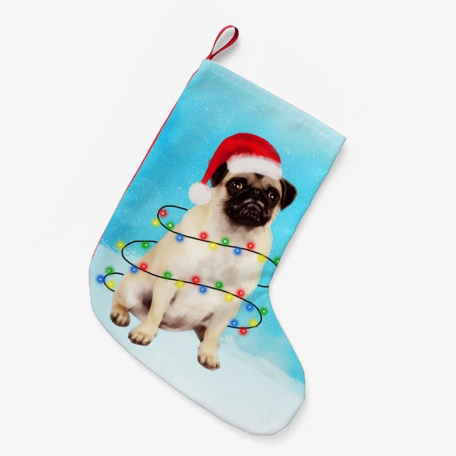 Mops Hund in Schnee Weihnachtsbeleuchtung Kleiner Weihnachtsstrumpf (Vorderansicht (hängend))