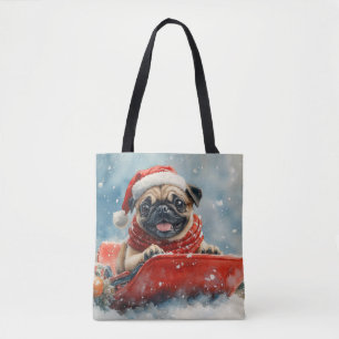 Mops Hund in Sledge Lass es Schnee Weihnachten