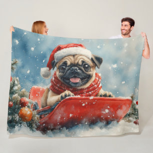 Mops Hund in Sledge Lass es Schnee Weihnachten Fleecedecke