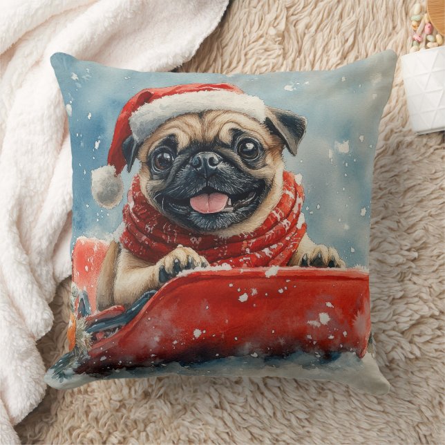 Mops Hund in Sledge Lass es Schnee Weihnachten Kissen (Decke)
