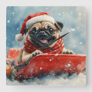 Mops Hund in Sledge Lass es Schnee Weihnachten Quadratische Wanduhr