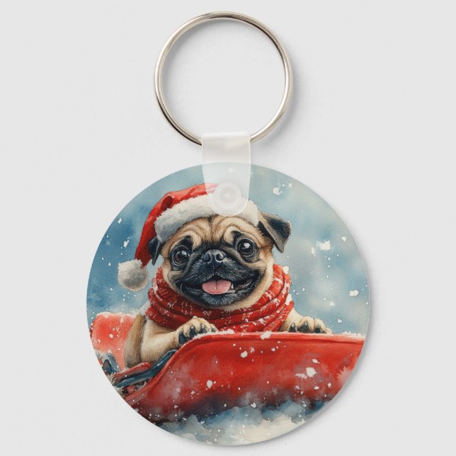 Mops Hund in Sledge Lass es Schnee Weihnachten Schlüsselanhänger (Vorderseite)