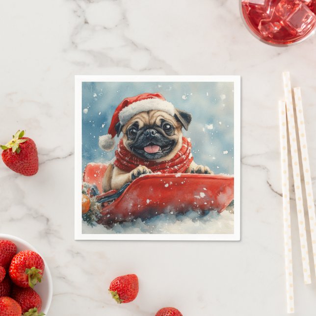 Mops Hund in Sledge Lass es Schnee Weihnachten Serviette (Beispiel)