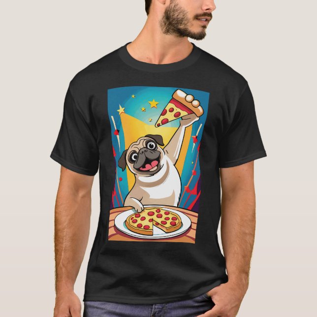 Mops-Hund isst Pizza T-Shirt (Vorderseite)
