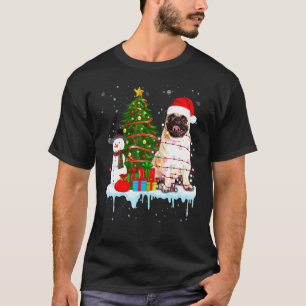 Mops-Hund-Kostüm Weihnachtsmann-Lichter Hut Schnee T-Shirt