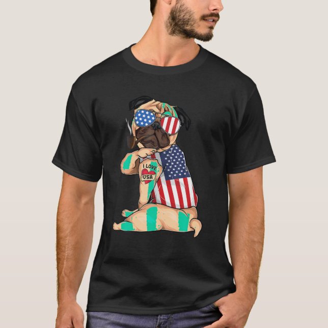 Mops-Hund Merica 4. july usa US-amerikanische Fahn T-Shirt (Vorderseite)
