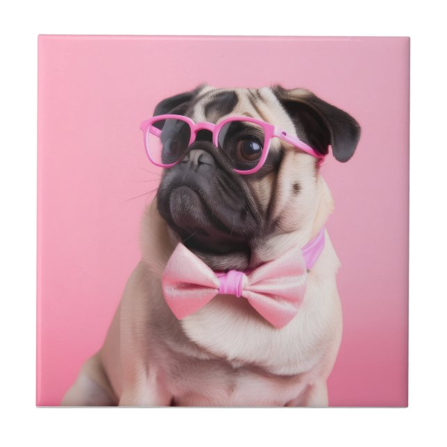 Mops-Hund mit Fliege Fliese (Vorderseite)