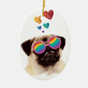 Mops Hund mit Herzen Valentinstag Keramik Ornament