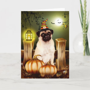Mops Hund mit Hexenhut Halloween Karte