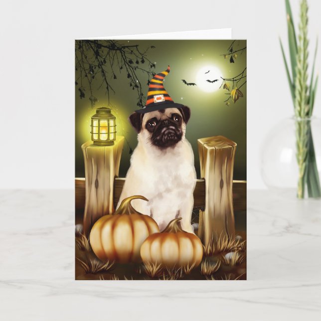 Mops Hund mit Hexenhut Halloween Karte (Vorderseite)