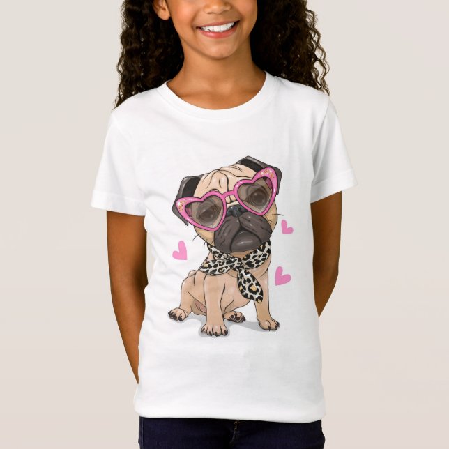 Mops Hund mit rosa Brille und Schal Kid's T - Shir T-Shirt (Vorderseite)