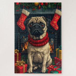 Mops-Hund mit Weihnachtsgeschenken am Kamin Puzzle