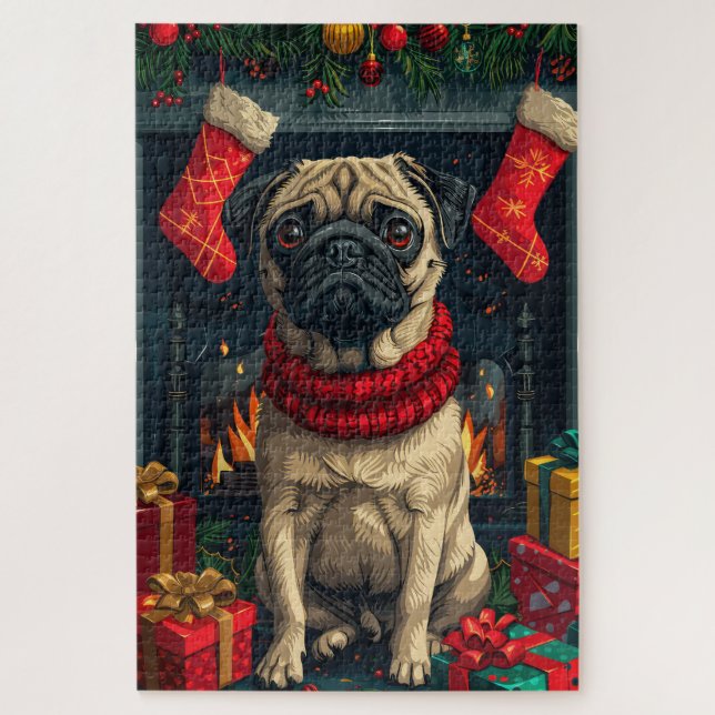 Mops Hund mit Weihnachtsgeschenken Feuerplatz Puzzle (Vertikal)