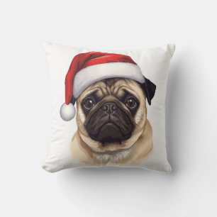 Mops-Hund mit Weihnachtsmannmütze Frohe Weihnachte Kissen