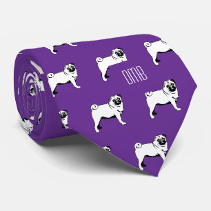Mops-Hund-Muster mit Monogramm in Lila Krawatte