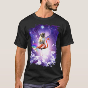 Mops-Hund reitet Flamingo im Weltraum-Regenbogen T-Shirt