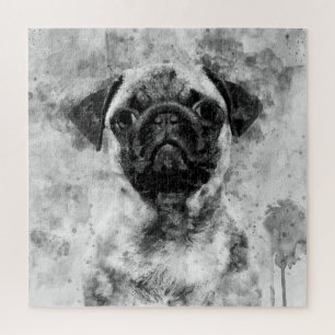 Mops-Hund Schwarz-Weiß-Aquarell 01 Puzzle