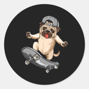 Mops-Hund Skater Skateboarder Skateboardfahren Gra Runder Aufkleber