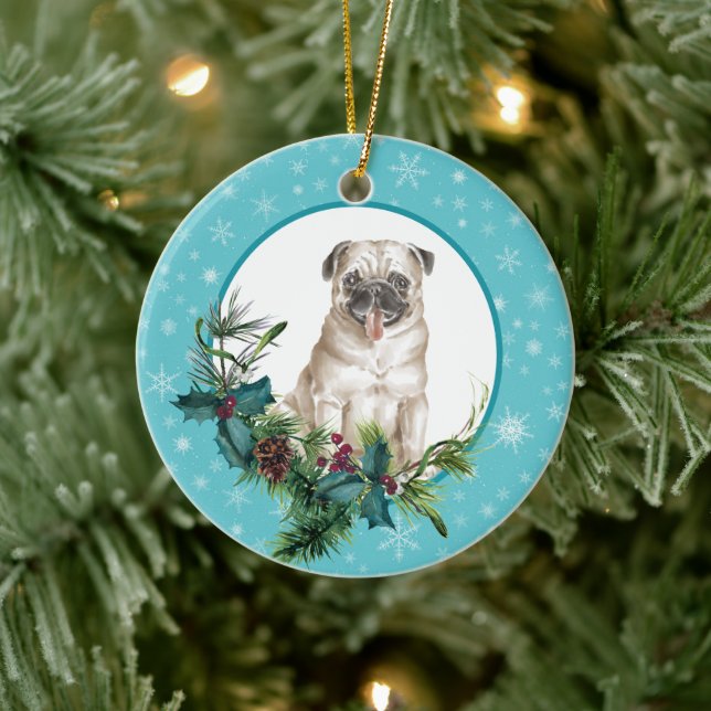 Mops Hund Snowflake Blue Frame Holiday Bouquet Keramik Ornament (Baum)