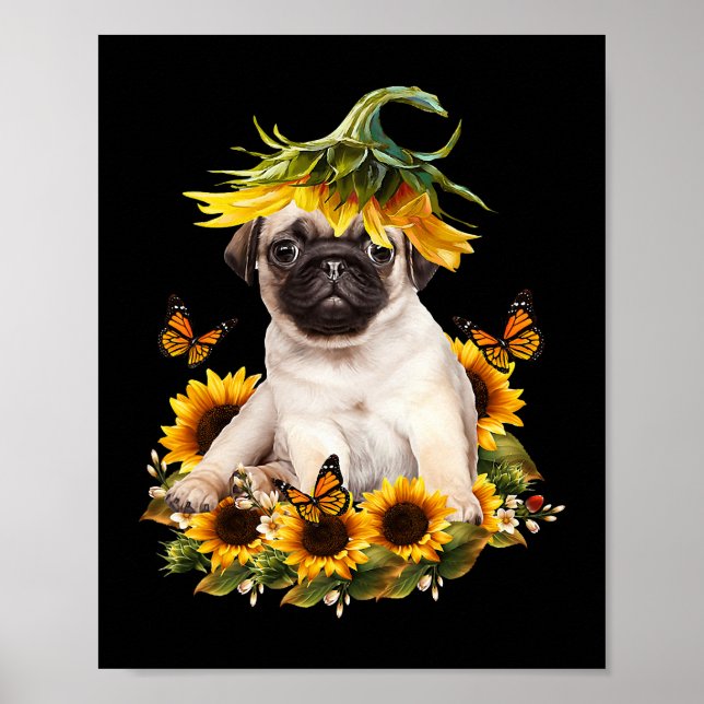 Mops Hund Sonnenblume Schmetterling Niedlich Hund  Poster (Vorne)