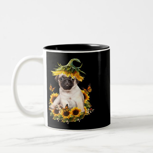 Mops Hund Sonnenblume Schmetterling Niedlich Hund  Zweifarbige Tasse (Links)