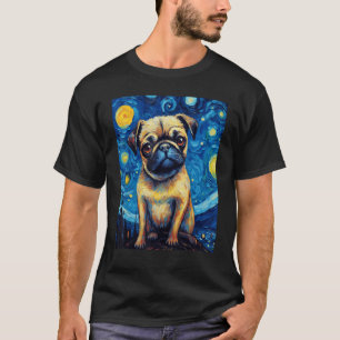 Mops-Hund Sternennacht Van Gogh Himmel Malerei Kun T-Shirt