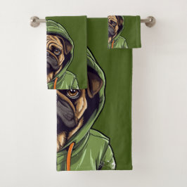 Mops Hund trägt grüne Hoodie Badhandtuch Set