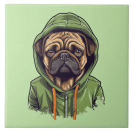 Mops Hund trägt grüne Hoodie Fliese