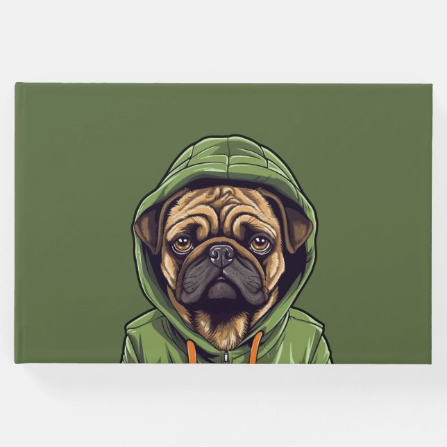 Mops Hund trägt grüne Hoodie Gästebuch (Vorderseite)